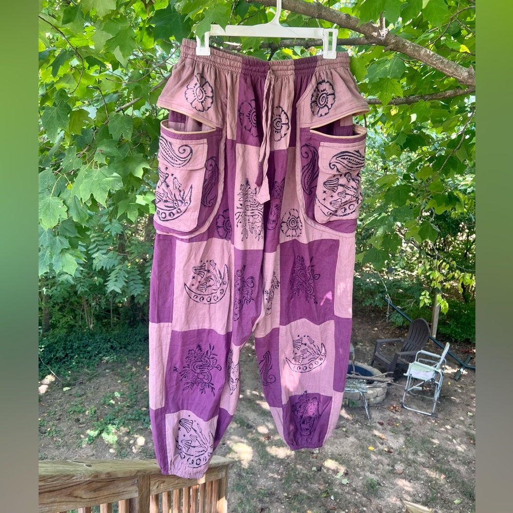 Fair Trade Purple Patchwork Pants. Skulls, Mushrooms. Barely worn. Ladies L/ XL.